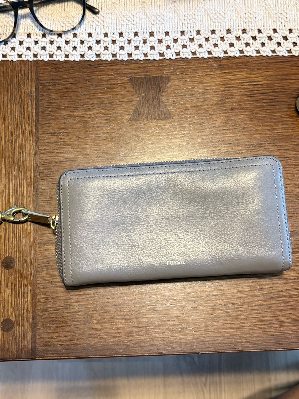 Fossil Leather Zip-Around Wallet in Light Gray